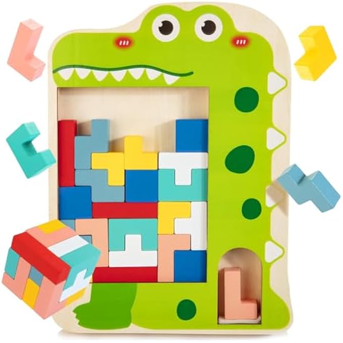 WOODEN TANGRAM PUZZLE FOR KIDS | MONTESSORI PATTERN BLOCKS & GEOMETRIC SHAPES SET | STEM BRAIN TEASER & LOGIC GAME | 3D COLORFUL WOODEN BLOCKS PUZZLE TOY PRESCHOOL BOYS GIRLS AGE 3-7 - Image 1